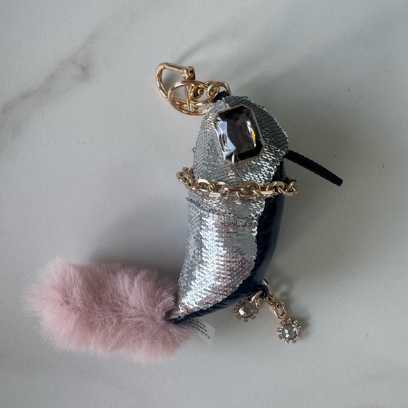 Tory Burch Jeweled Eye Sequins Bird Bag Charm Keychain Blue & Silver - Picture 2 of 11